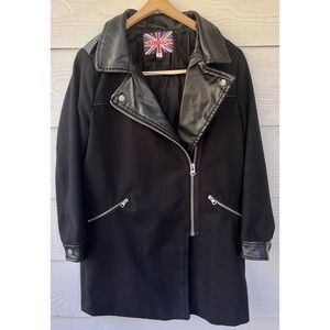 Miss London Moto Zip Faux Leather Trim Wool Blend Long Jacket Women’s Medium